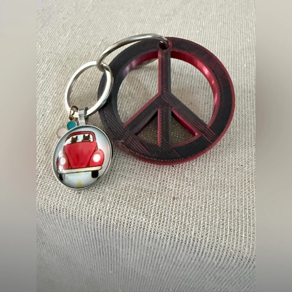 Red Peace Sign Keychain with Car Charm
